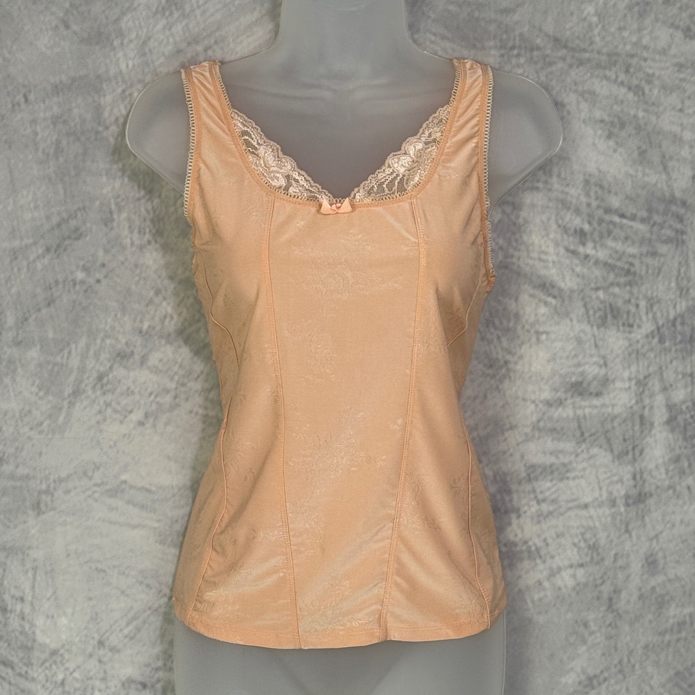vtg y2k top womens sz 1X Peach Floral Jacquard Lace Trim Camisole fairy romantic